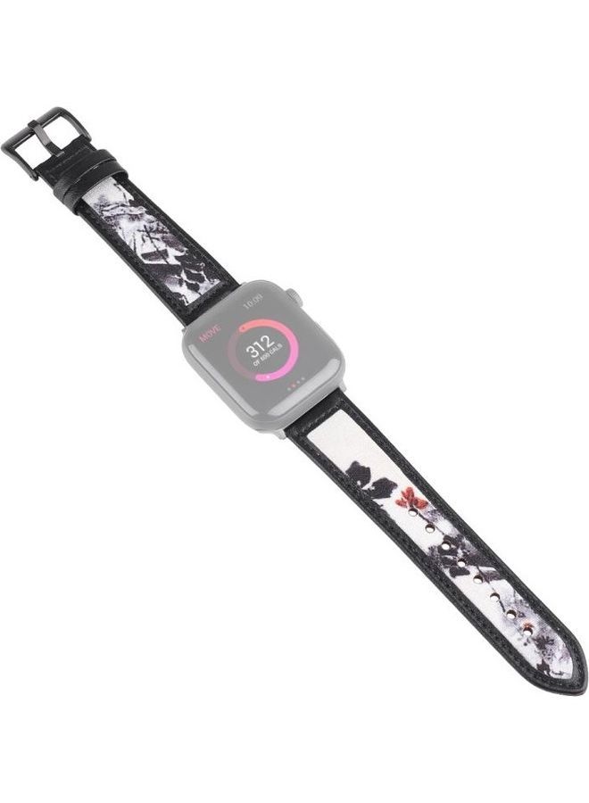NIBEMINENT Ink Painting Leather Replacement Strap Watchband For Apple Watch Series 7/6/SE/5/4/3/2/1 45/44/42mm Black - Image 1