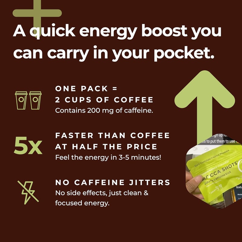SGC Highest Concentration 100mg Caffeine per Gummy 2 Gummies per Pack 6Pack Mocca Shots Coconut Pineapple PlantBased nootropic Instant Energy with Ginkgo biloba Theobromine - Image 3