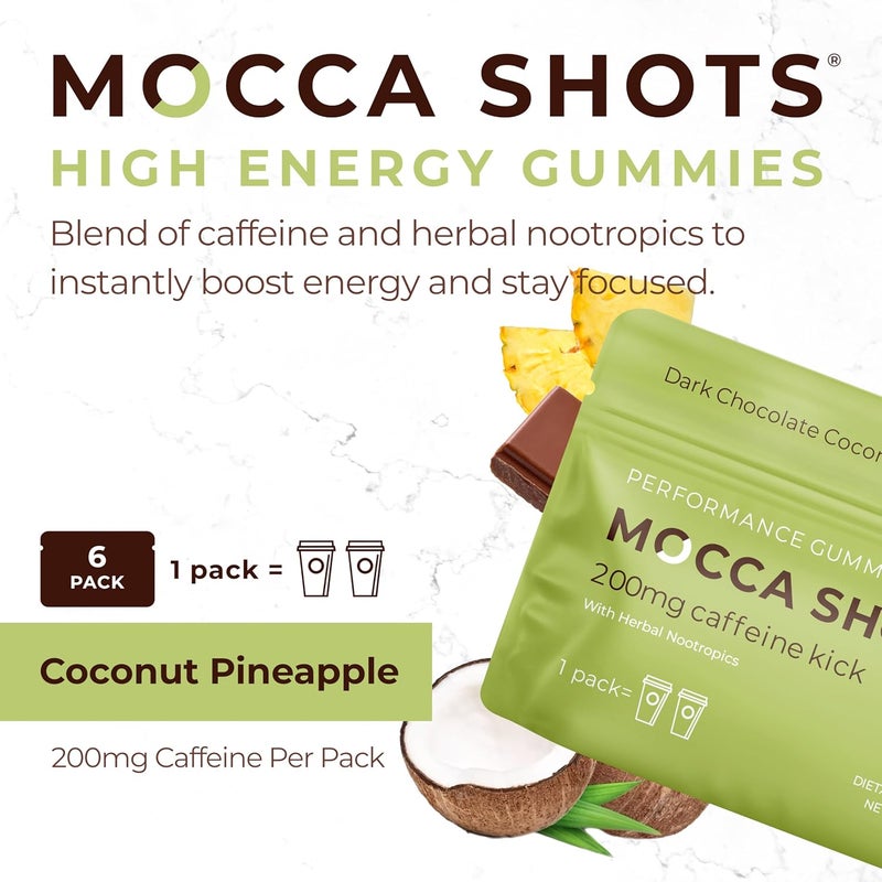 SGC Highest Concentration 100mg Caffeine per Gummy 2 Gummies per Pack 6Pack Mocca Shots Coconut Pineapple PlantBased nootropic Instant Energy with Ginkgo biloba Theobromine - Image 4