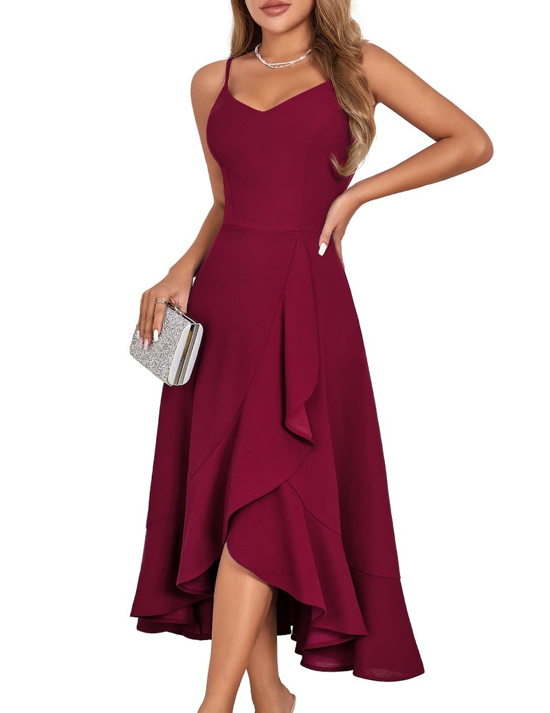 DRESSTELLS Women's Cocktail Dress for Formal Wedding Guest Bridesmaid, Aline Fit Flare Modest Valentine Party High Low Dresses Burgundy L - Image 1