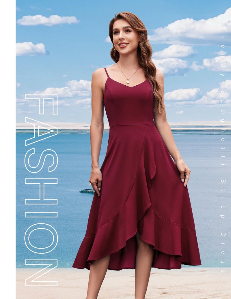 DRESSTELLS Women's Cocktail Dress for Formal Wedding Guest Bridesmaid, Aline Fit Flare Modest Valentine Party High Low Dresses Burgundy L - Image 5