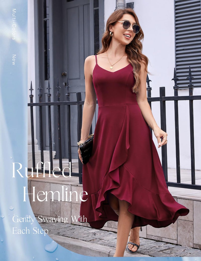 DRESSTELLS Women's Cocktail Dress for Formal Wedding Guest Bridesmaid, Aline Fit Flare Modest Valentine Party High Low Dresses Burgundy L - Image 3