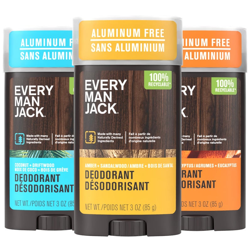 Every Man Jack Men's Deodorant Variety Set - Includes 3 Full-Sized Aluminum Free Natural Deodorant Sticks - Coconut + Driftwood Citrus + Eucalyptus, Amber + Sandalwood - 3oz (3 Pack) - Image 1