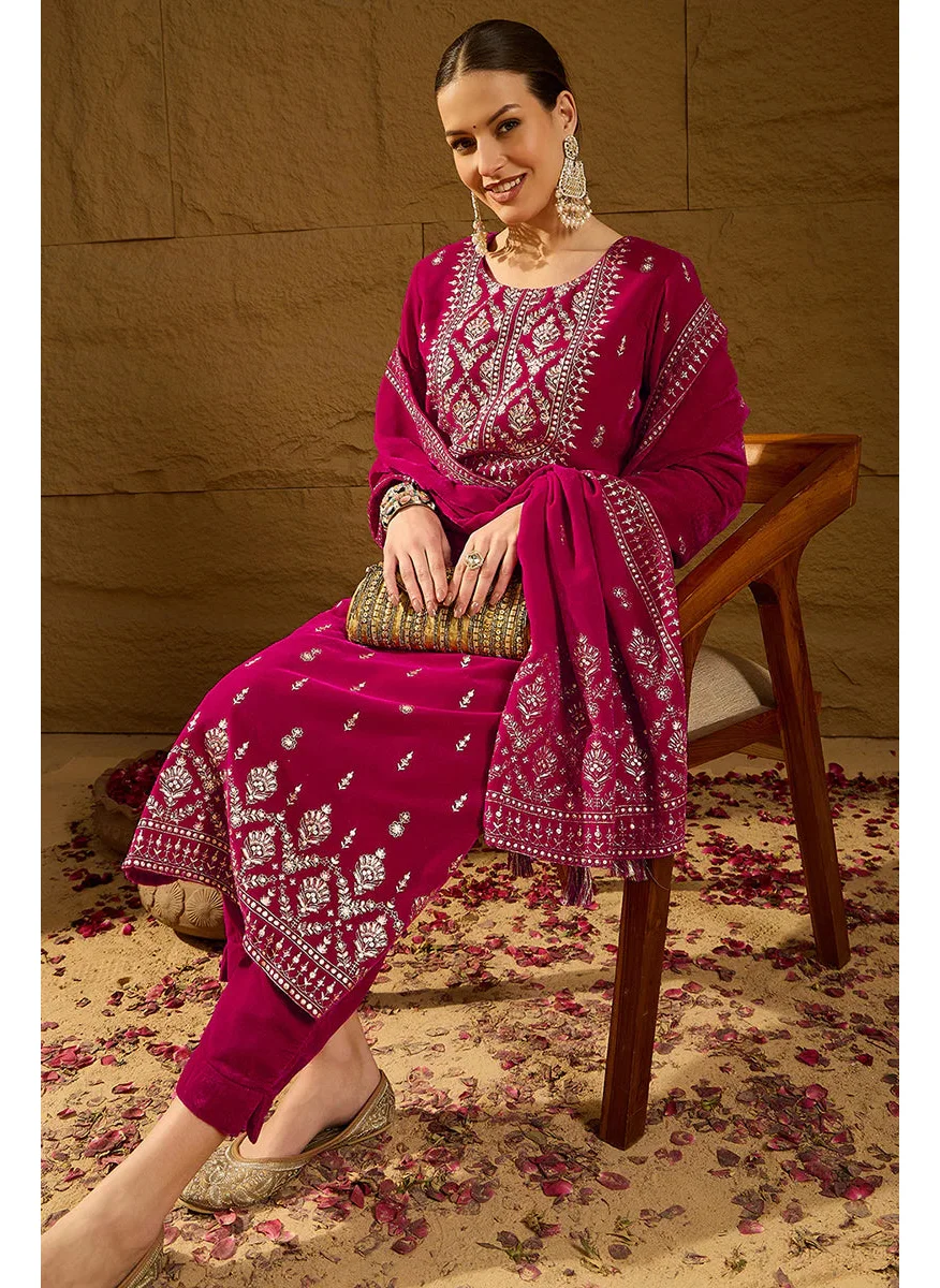 ZERESOUQ Pink Velvet Ethnic Motifs Printed Straight 3-Piece Suit Set