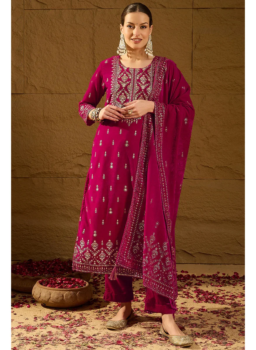 ZERESOUQ Pink Velvet Ethnic Motifs Printed Straight 3-Piece Suit Set