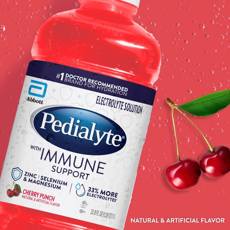 Pedialyte with Immune Support Electrolyte Solution, Hydration Drink with Zinc, Selenium, and Magnesium, Cherry Punch, 1 Liter, Pack of 4 - Image 2