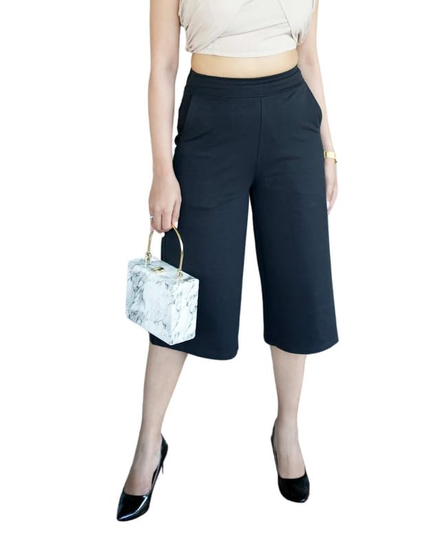 Mlada Store Mlada Women's Regular High Rise Calf Length Culotte Formal Office Pants | Formal Capri Trouser Pants for Women with 2 Pockets | Office Wear Cotton Rib Pleated Stretchable Trousers for Woman Black - Image 1