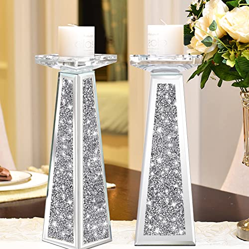 Wocred 2 Piece Candlestick Holders for Holding Pillar Candles, Crystal Crushed Diamond Candle Holders Set Decor for Dinning Room, Silver Glass Votive Candle Holders for Table Centerpiece(12”) - Image 1