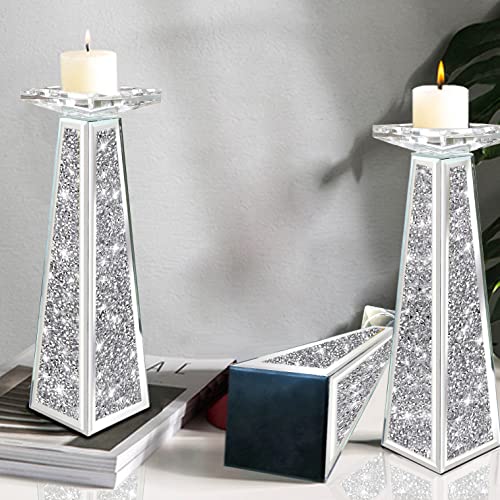 Wocred 2 Piece Candlestick Holders for Holding Pillar Candles, Crystal Crushed Diamond Candle Holders Set Decor for Dinning Room, Silver Glass Votive Candle Holders for Table Centerpiece(12”) - Image 5