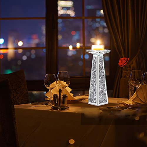 Wocred 2 Piece Candlestick Holders for Holding Pillar Candles, Crystal Crushed Diamond Candle Holders Set Decor for Dinning Room, Silver Glass Votive Candle Holders for Table Centerpiece(12”) - Image 3