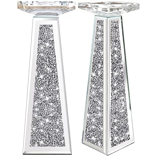 Wocred 2 Piece Candlestick Holders for Holding Pillar Candles, Crystal Crushed Diamond Candle Holders Set Decor for Dinning Room, Silver Glass Votive Candle Holders for Table Centerpiece(12”) - Image 2