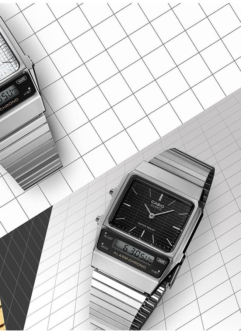 CASIO - Casio Water Resistant Quartz Analog-Digital Stainless Steel Black Dial Watch - AQ-800E-1ADF - 32mm - Image 1