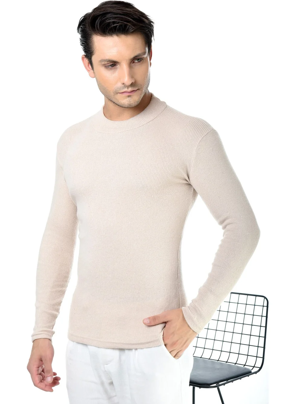 بيليفانتي كولكشن Men's Beige Half Turtleneck Slim Fit Sweater