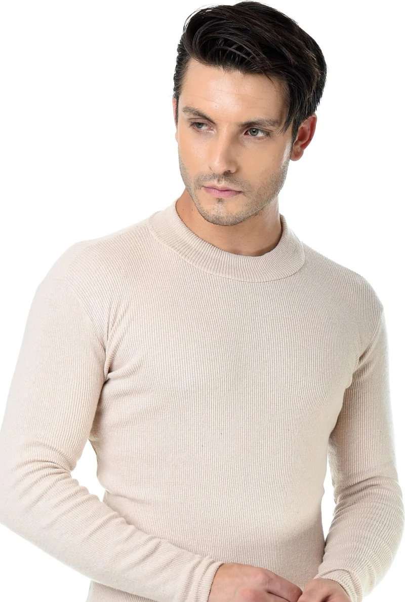 بيليفانتي كولكشن Men's Beige Half Turtleneck Slim Fit Sweater