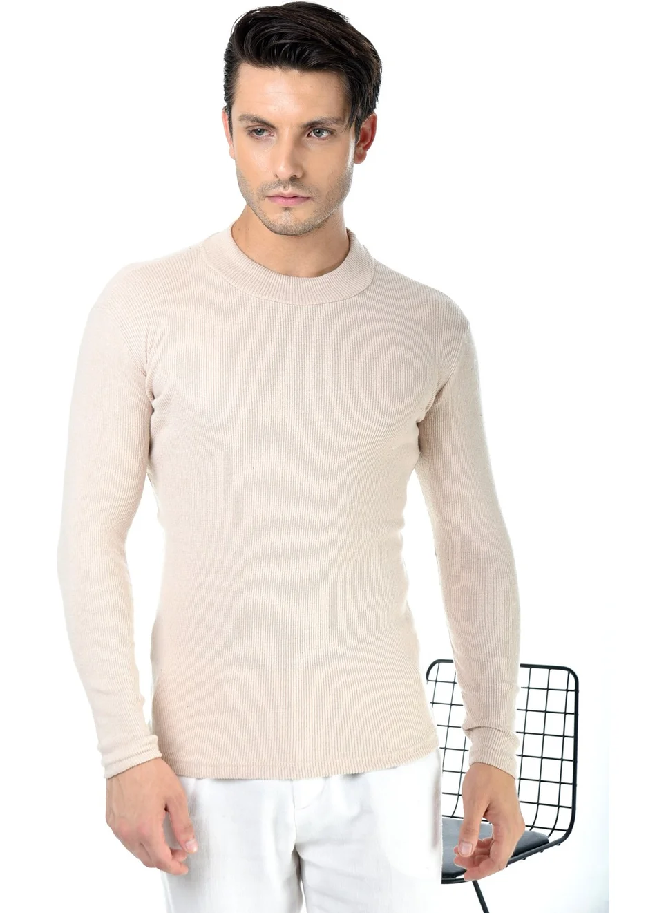 بيليفانتي كولكشن Men's Beige Half Turtleneck Slim Fit Sweater