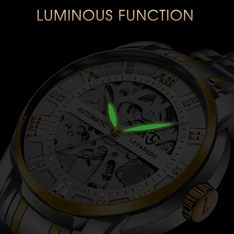 A ALPS Mens Watch Skeleton Luxury Mechanical Stainless Steel Waterproof Black Automatic Self-Winding Roman Numerals Diamond Dial Wrist Watch - Image 5