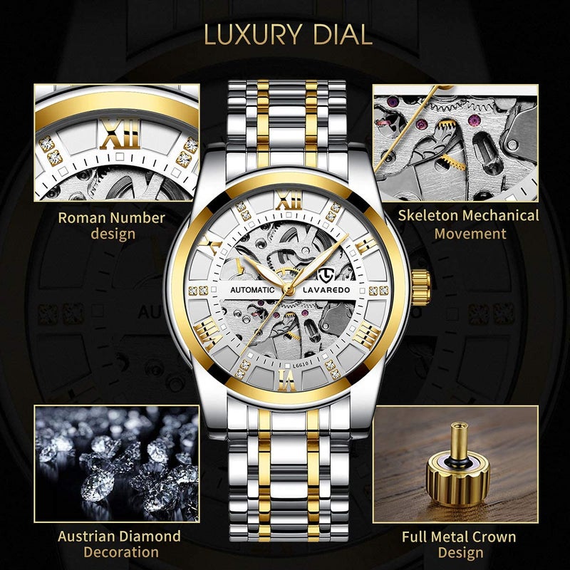 A ALPS Mens Watch Skeleton Luxury Mechanical Stainless Steel Waterproof Black Automatic Self-Winding Roman Numerals Diamond Dial Wrist Watch - Image 2