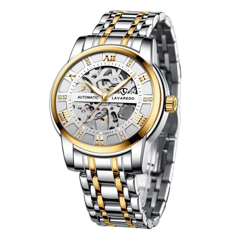 A ALPS Mens Watch Skeleton Luxury Mechanical Stainless Steel Waterproof Black Automatic Self-Winding Roman Numerals Diamond Dial Wrist Watch - Image 1