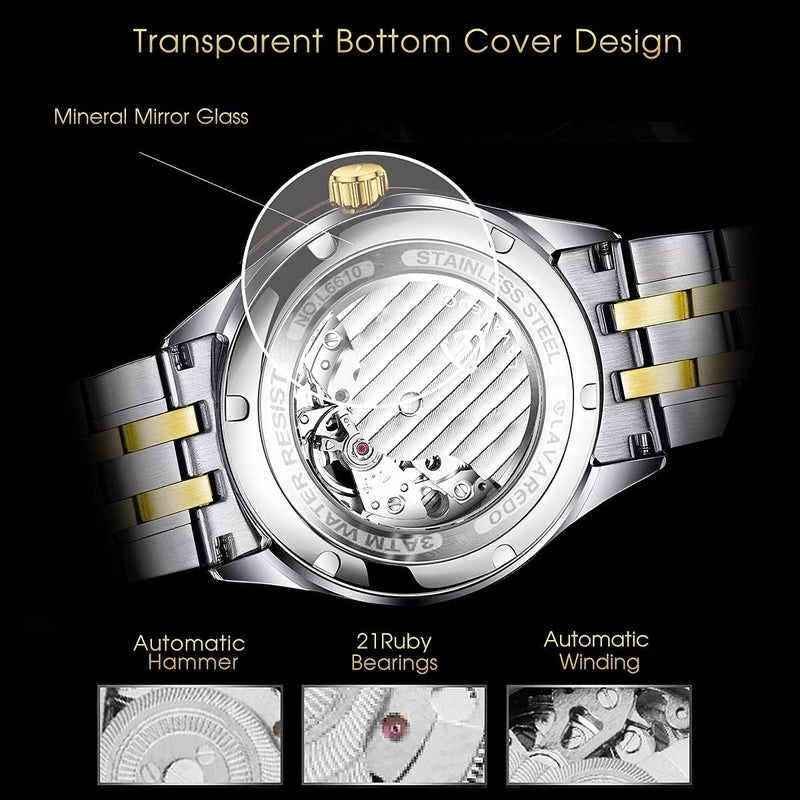 A ALPS Mens Watch Skeleton Luxury Mechanical Stainless Steel Waterproof Black Automatic Self-Winding Roman Numerals Diamond Dial Wrist Watch - Image 3