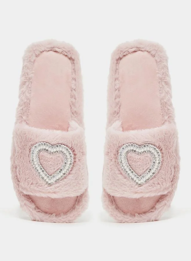Take Two Embellished Heart Slip-On Bedroom Slippers by Styli