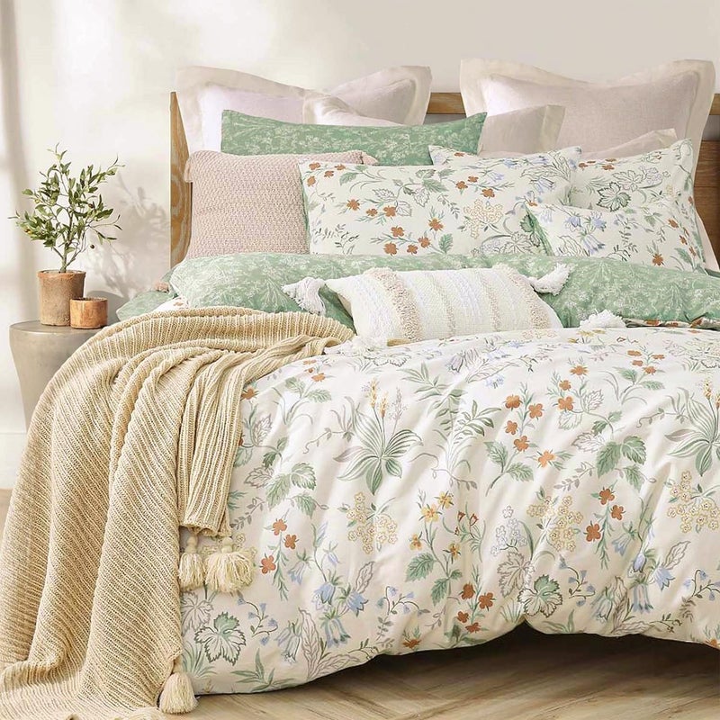 ALEISSEL 100 Natural Cotton 3pcs Queen Duvet Cover SetsGreen Duvet Cover with Red Blue FlowersGray Leaves on OffWhiteReversible Comforter Cover Sets with Button ClosureQueenFloral - Image 2