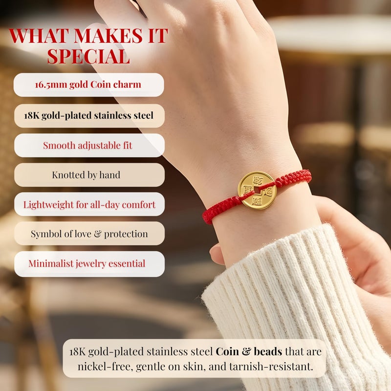 Cherry Tree Collection Lucky Red String - Coin Bracelet - for Protection & Good Luck â€“ Adjustable Red Thread Bracelet for Men & Women, Bracelet for Protection, Luck and Abundance - Image 5