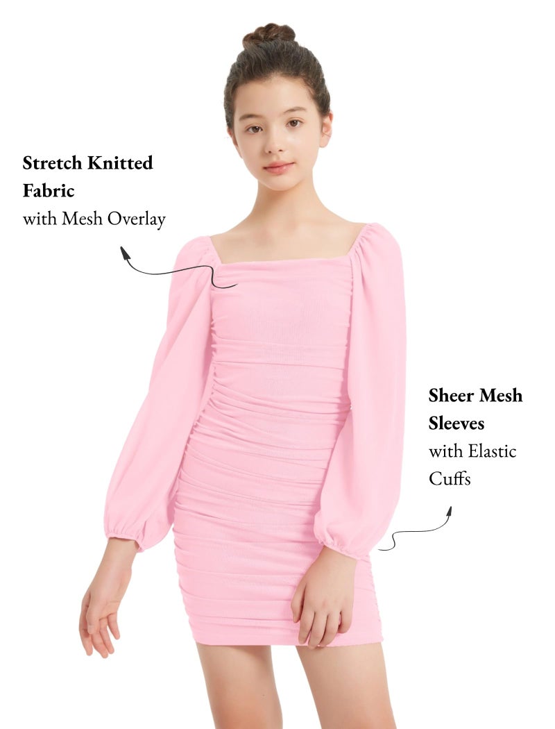 EXARUS Girls Long Sleeve Teen Dress Formal Party Tight Homecoming Bodycon Ruched Mesh Lantern Sleeve Short Pencil Dresses Pink 12 Years - Image 4
