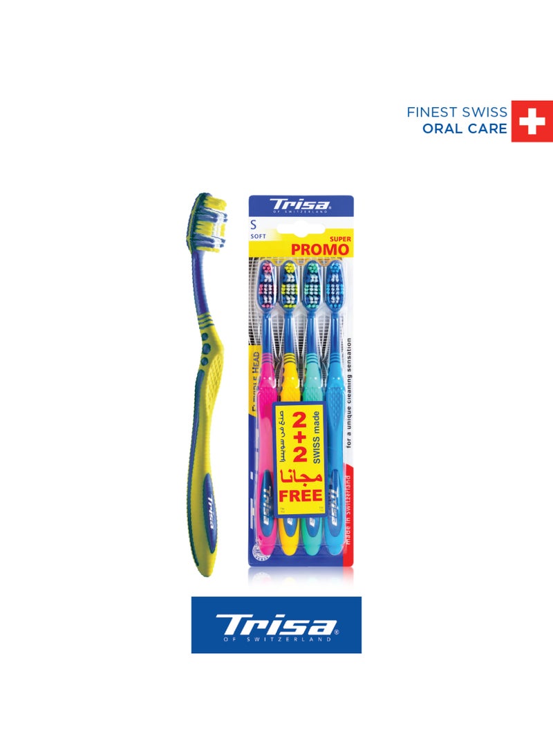 Trisa Flexible Head Adult Soft Toothbrush Pack of 4 - Ergonomic Design with Tongue Cleaner, Assorted Colors - Image 1
