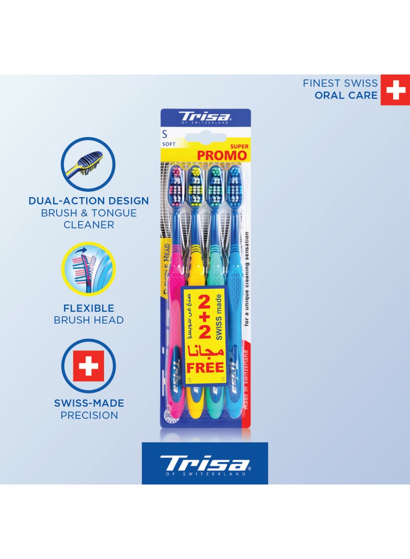 Trisa Flexible Head Adult Soft Toothbrush Pack of 4 - Ergonomic Design with Tongue Cleaner, Assorted Colors - Image 2