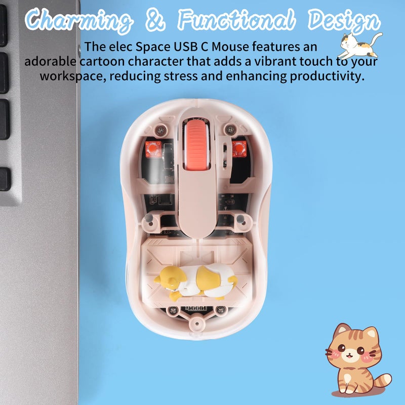 elec Space Cute Wireless USB C Mouse - Bluetooth Triple Mode Rechargeable Cartoon Mouse for Laptops, iPads & MacBook Air/Pro - Silent Operation, Portable Design, Unique Magnetic Character (Milk tea color) - Image 3