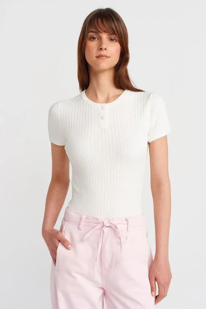 DILVIN Ribbed Short-Sleeve Button Blouse