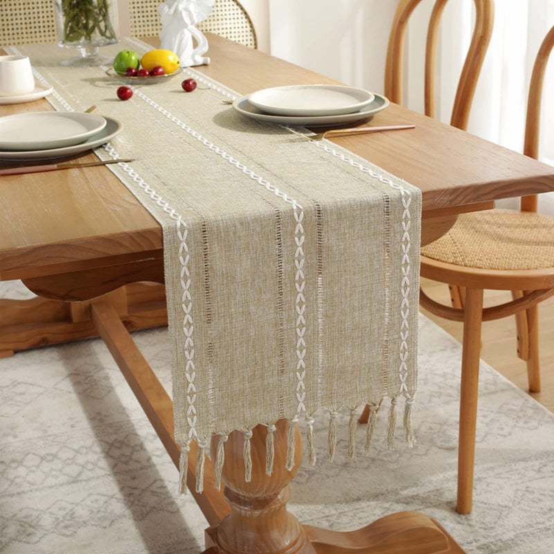 Jeloris Braided Striped Table Runner Farmhouse Cotton Linen Table Runner with Tassels for Parties Christmas Kitchen Dinner Birthday Table Decorations Beige 12 x 72 Inch