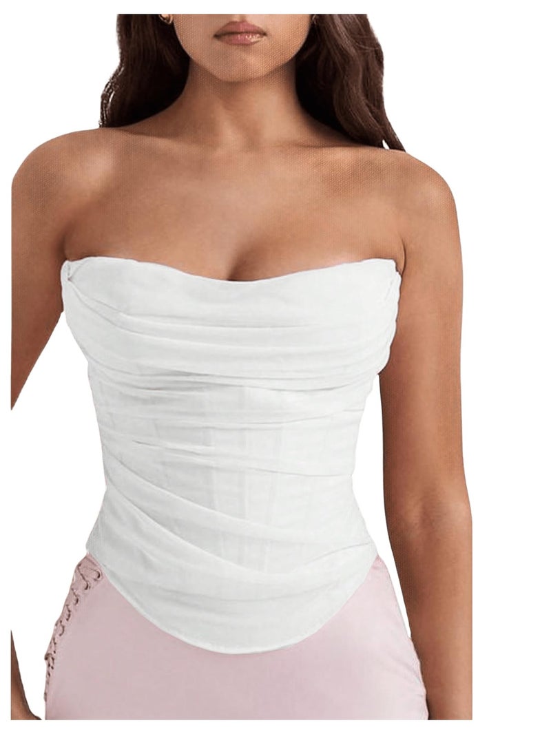 Floerns Women's Strapless Ruched Tube Tops Sleeveless Bandeau Concert Corset Top White Large - Image 1