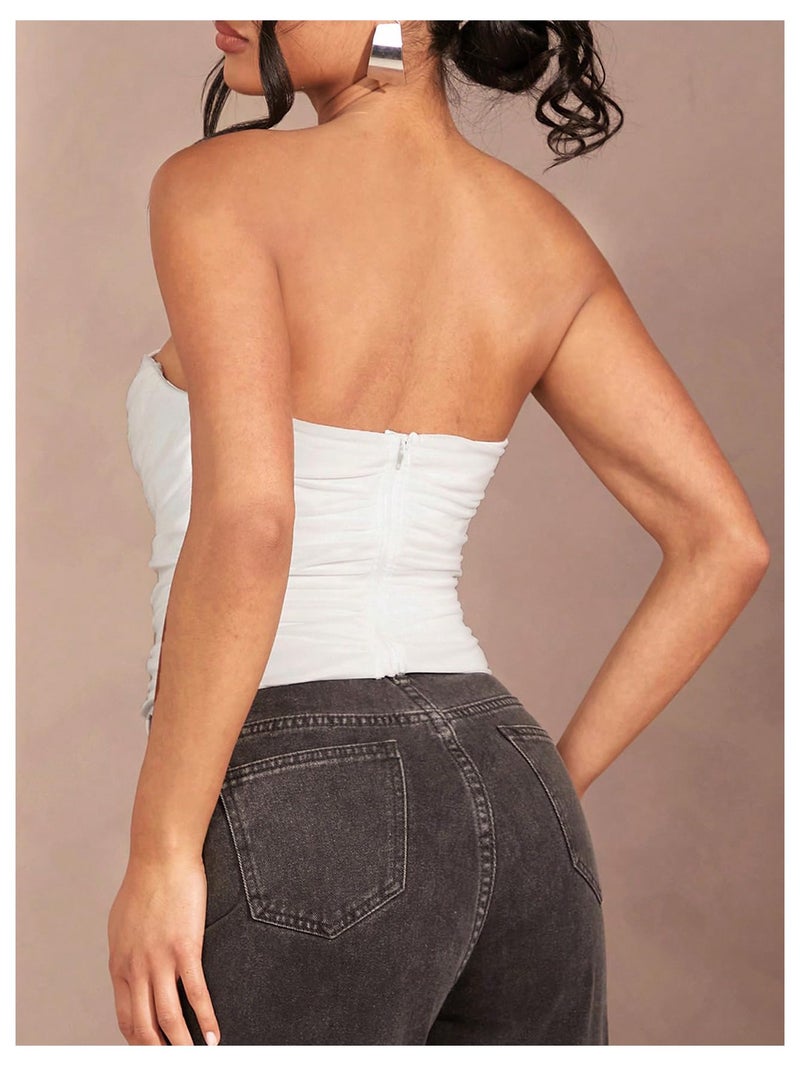 Floerns Women's Strapless Ruched Tube Tops Sleeveless Bandeau Concert Corset Top White Large - Image 3