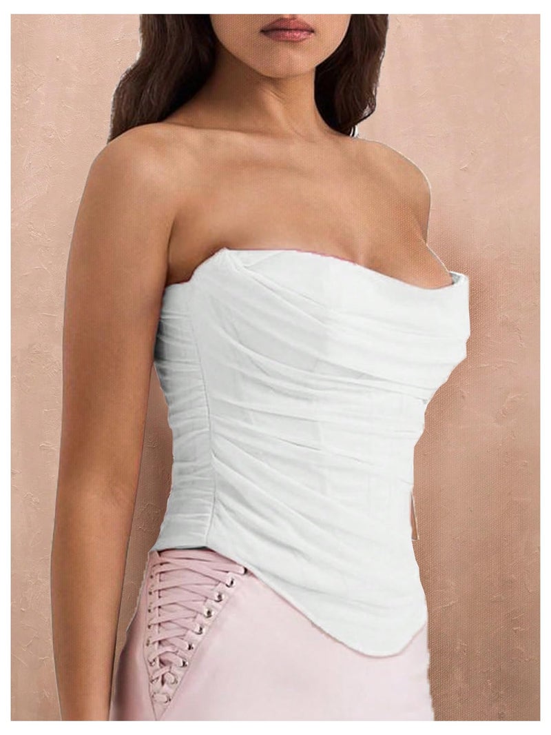 Floerns Women's Strapless Ruched Tube Tops Sleeveless Bandeau Concert Corset Top White Large - Image 2