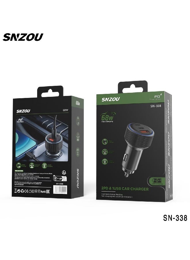 سنزو شاحن سيارة هايبر تشارج 68 واط ثنائي الشحن السريع ومنفذ USB واحد SN-338 - أسود - Image 2