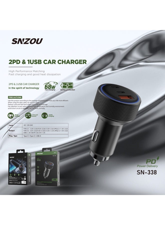 سنزو شاحن سيارة هايبر تشارج 68 واط ثنائي الشحن السريع ومنفذ USB واحد SN-338 - أسود - Image 1