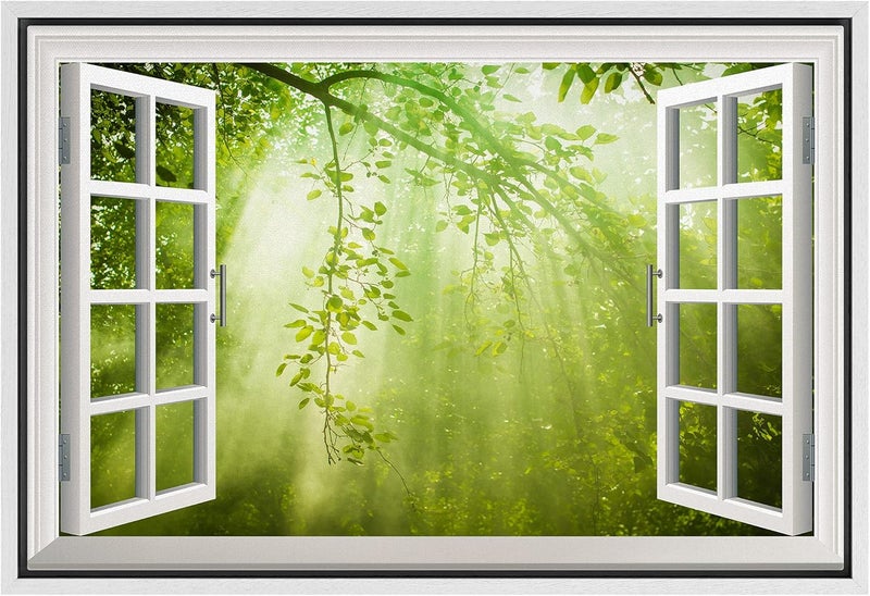 NWT Framed Canvas Print of Sunlight Rays in Green Forest - Image 1