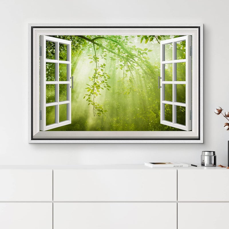 NWT Framed Canvas Print of Sunlight Rays in Green Forest - Image 3