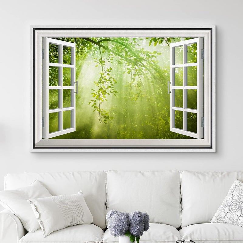 NWT Framed Canvas Print of Sunlight Rays in Green Forest - Image 2