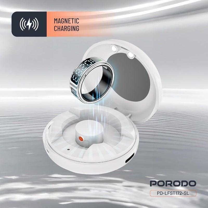 Porodo FitSync Smart Ring, Digital Display with Health Monitoring, 128 Sport Modes, IP68 Water Resistance, Stainless Steel, Magnetic Charging, Size 7, Compatible with Android & iOS (Silver) - Image 3