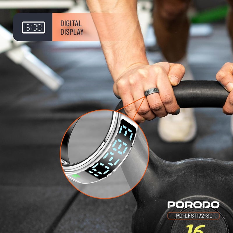 Porodo FitSync Smart Ring, Digital Display with Health Monitoring, 128 Sport Modes, IP68 Water Resistance, Stainless Steel, Magnetic Charging, Size 7, Compatible with Android & iOS (Silver) - Image 5