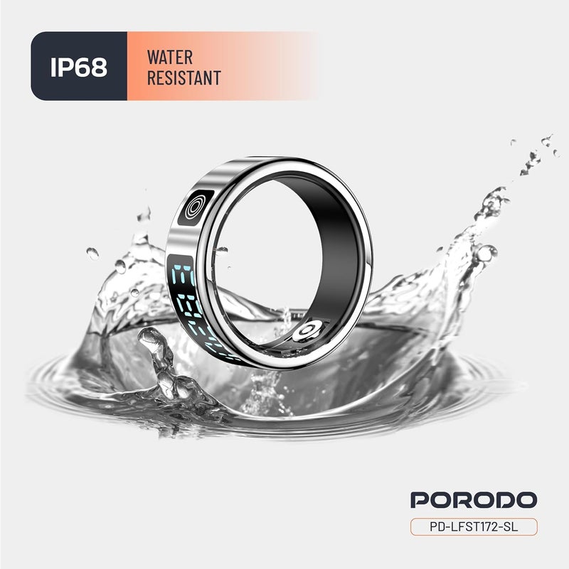 Porodo FitSync Smart Ring, Digital Display with Health Monitoring, 128 Sport Modes, IP68 Water Resistance, Stainless Steel, Magnetic Charging, Size 7, Compatible with Android & iOS (Silver) - Image 4