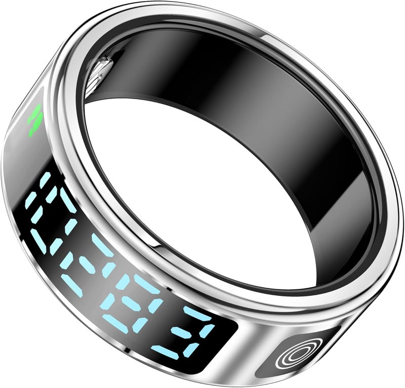 Porodo FitSync Smart Ring, Digital Display with Health Monitoring, 128 Sport Modes, IP68 Water Resistance, Stainless Steel, Magnetic Charging, Size 7, Compatible with Android & iOS (Silver) - Image 1