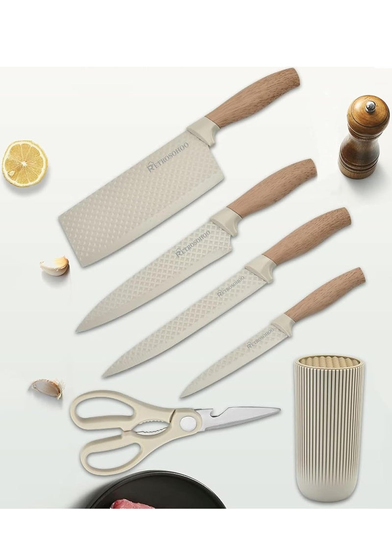 Knife Set, Retrosohoo 6-Pieces Khaki Sharp Knife Set for Kitchen, Non-stick Non-slip Stainless Steel Chef Knife Set with Universal Knife Block Suitable for Home Restaurant  - Image 3