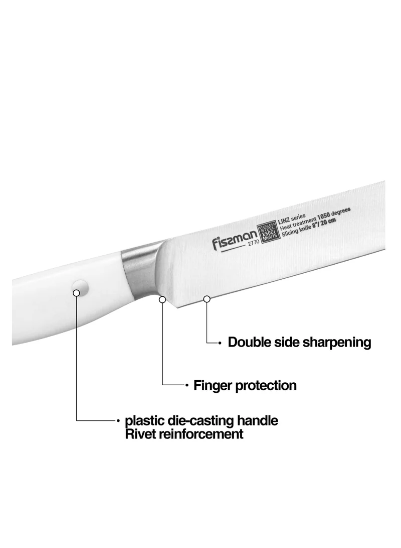 فيسمان 8" Slicing Knife Carving Kitchen Tool, German Stainless Steel X50CrMoV15 Knife Linz Series | White ABS Handle | Razor-Sharp Knife | Precise and Lightweight Slicing for Meat, Fruits, Bread