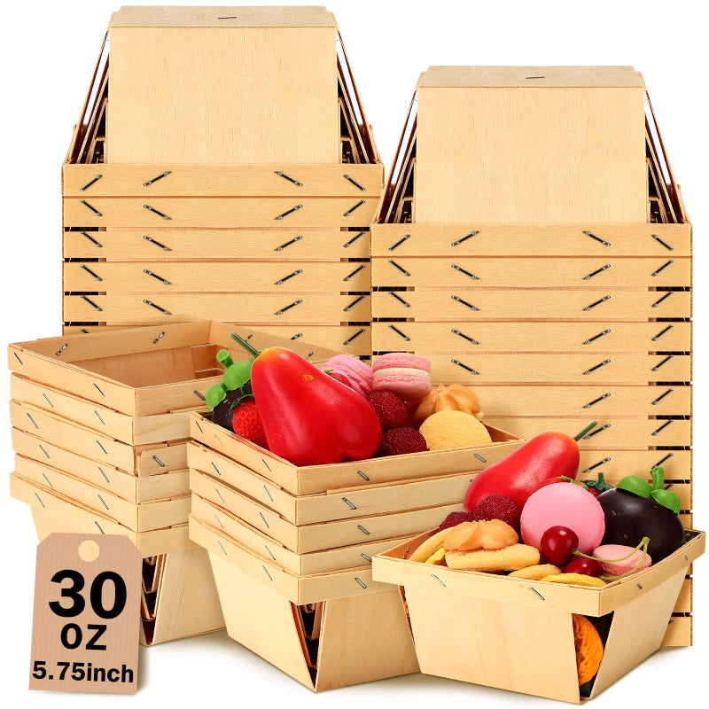 Geosar 30 Pcs One Quart Wooden Berry Baskets Bulk 5 75 Inch Square Vented Wood Boxes Empty Wooden Baskets for Father Day Gifts Picking Fruit Arts Crafts and DecorOriginal Wood Color