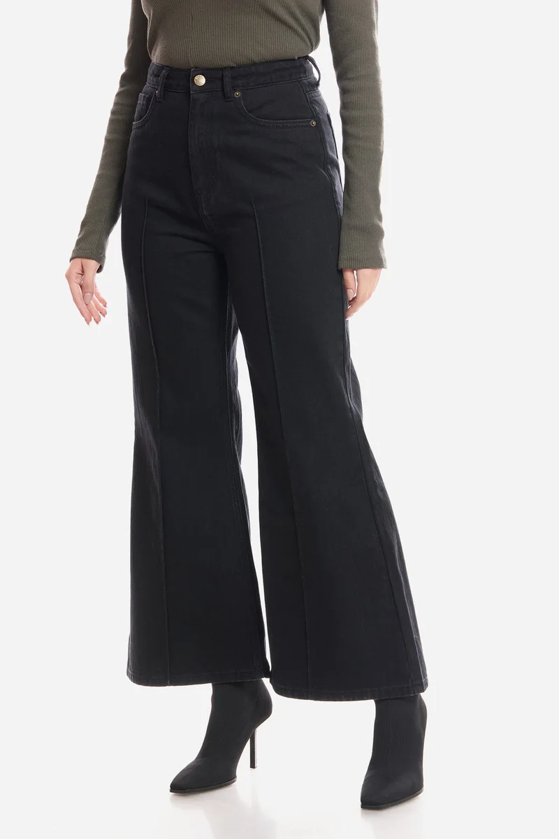 Virgio Black Solid Cotton Flared Denim for Women for Women | Best Price UAE