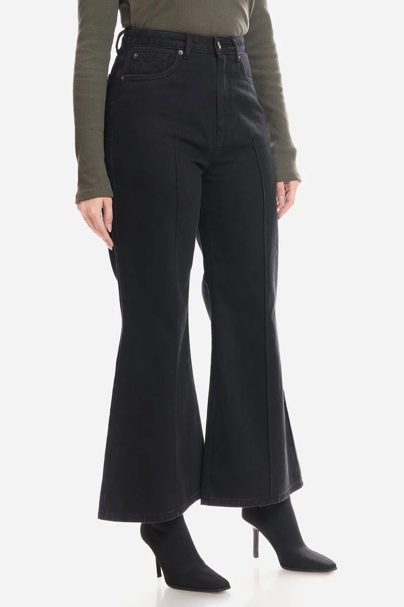 Virgio Black Solid Cotton Flared Denim for Women for Women | Best Price UAE