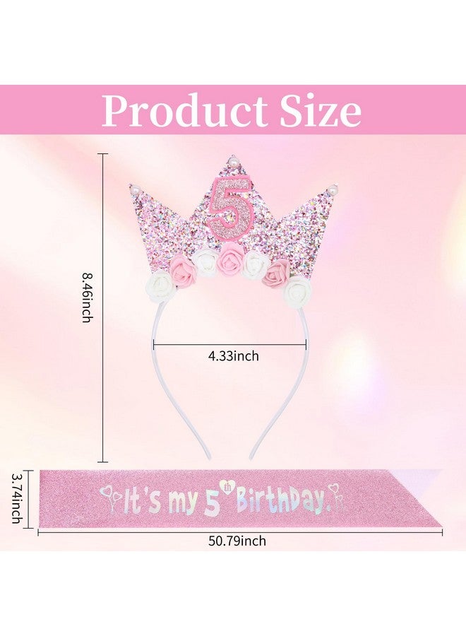 YARIEW 5th Birthday Decorations for Girls, 5th Birthday Headband and Glitter Birthday Sash Kit, Birthday Tiara Flower Princess Crown Headband It's My 5th Birthday Sash Birthday Girl Outfit - Image 2